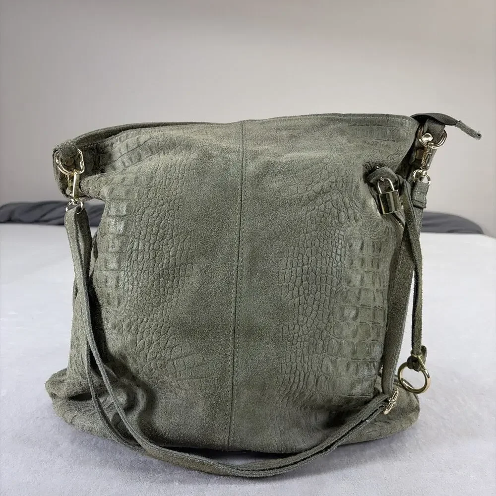 Borse In Pelle Made In Italy Genuine Leather Slouchy Shopper Shoulder Bag Green